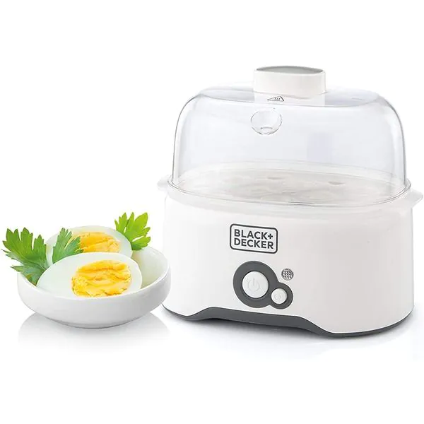 BLACK+DECKER 280W 6 Piece Egg Cooker with Cooking Rack and 2 Poaching Pans | Dry Boil Auto Shutoff | Transparent Cover | White Body | For Perfect Eggs | EG200-B5 | 2 Years Warranty