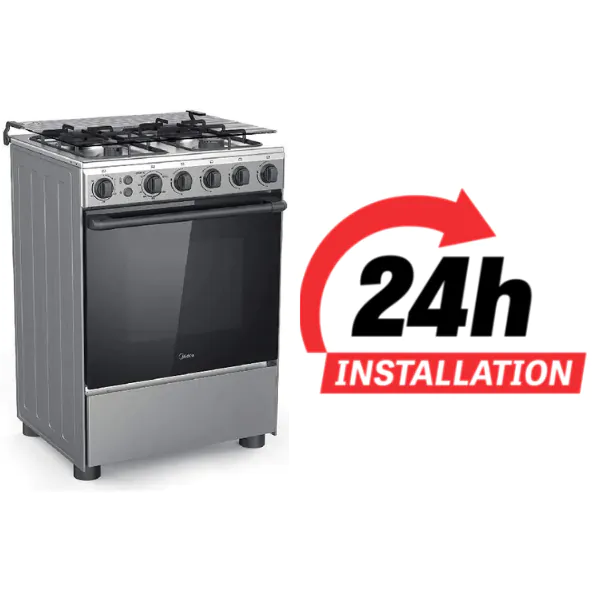 Midea 60x60cm Freestanding Gas Cooker | 4 Burners | Automatic Ignition & Safety | Cast Iron Pan Support | Stainless Steel Finish | Separate Knob for Oven Grill | BME62058FFD-D