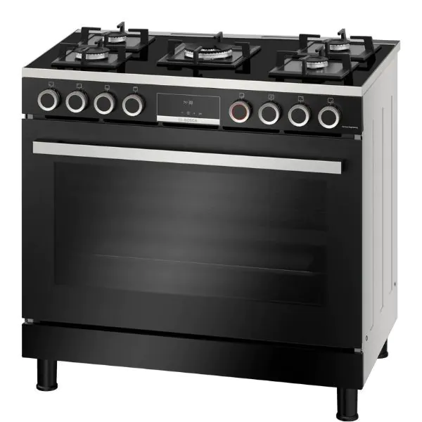 Bosch Series 8 | Gas Range Cooker | Black | 1 Hand Ignition | Sword Knobs | Professional Design | 6 Functions | Bottom Fan | Hybrid Dual Rotisserie |HJY5G7V60M